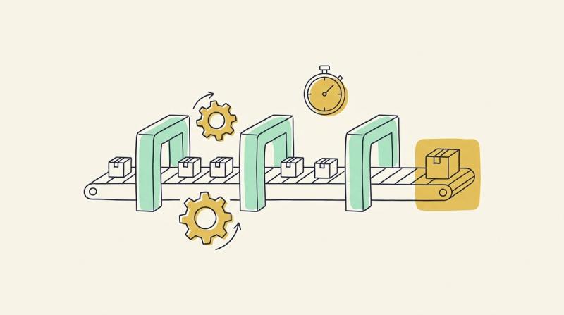 Line illustration: a conveyor belt carrying version boxes through three arches, gears and a stopwatch, with the last box in a yellow square.