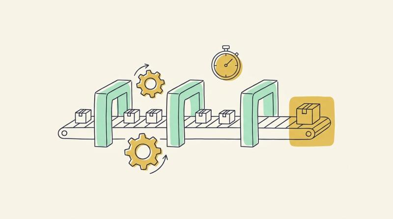 Line illustration: a conveyor belt carrying version boxes through three arches, gears and a stopwatch, with the last box in a yellow square.