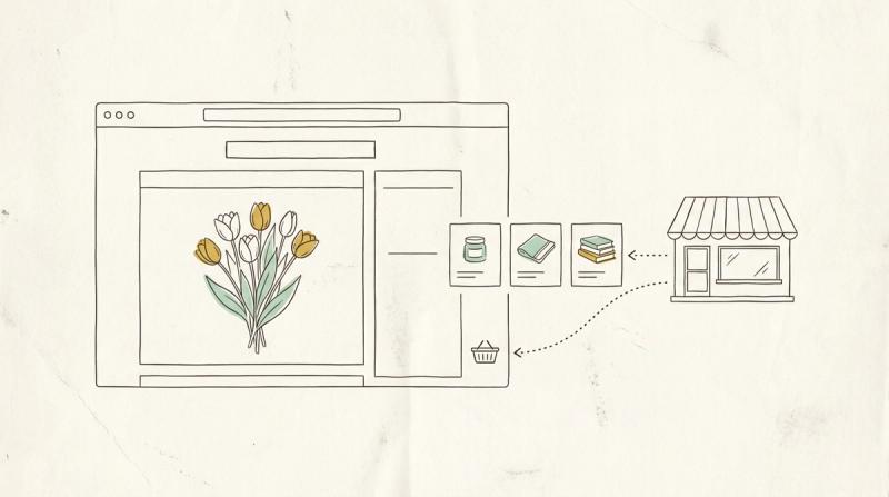 Linjeillustration: ett webbläsarfönster med en bukett tulpaner, produktkort som glider in från en butik och en liten varukorg.