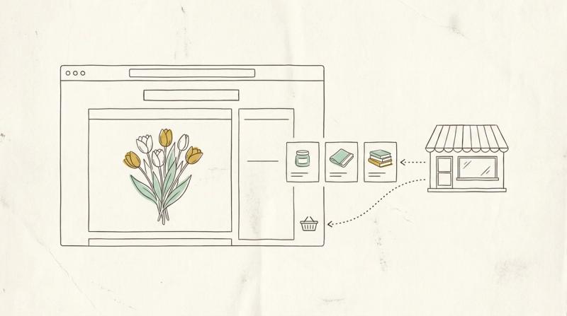 Linjeillustration: ett webbläsarfönster med en bukett tulpaner, produktkort som glider in från en butik och en liten varukorg.