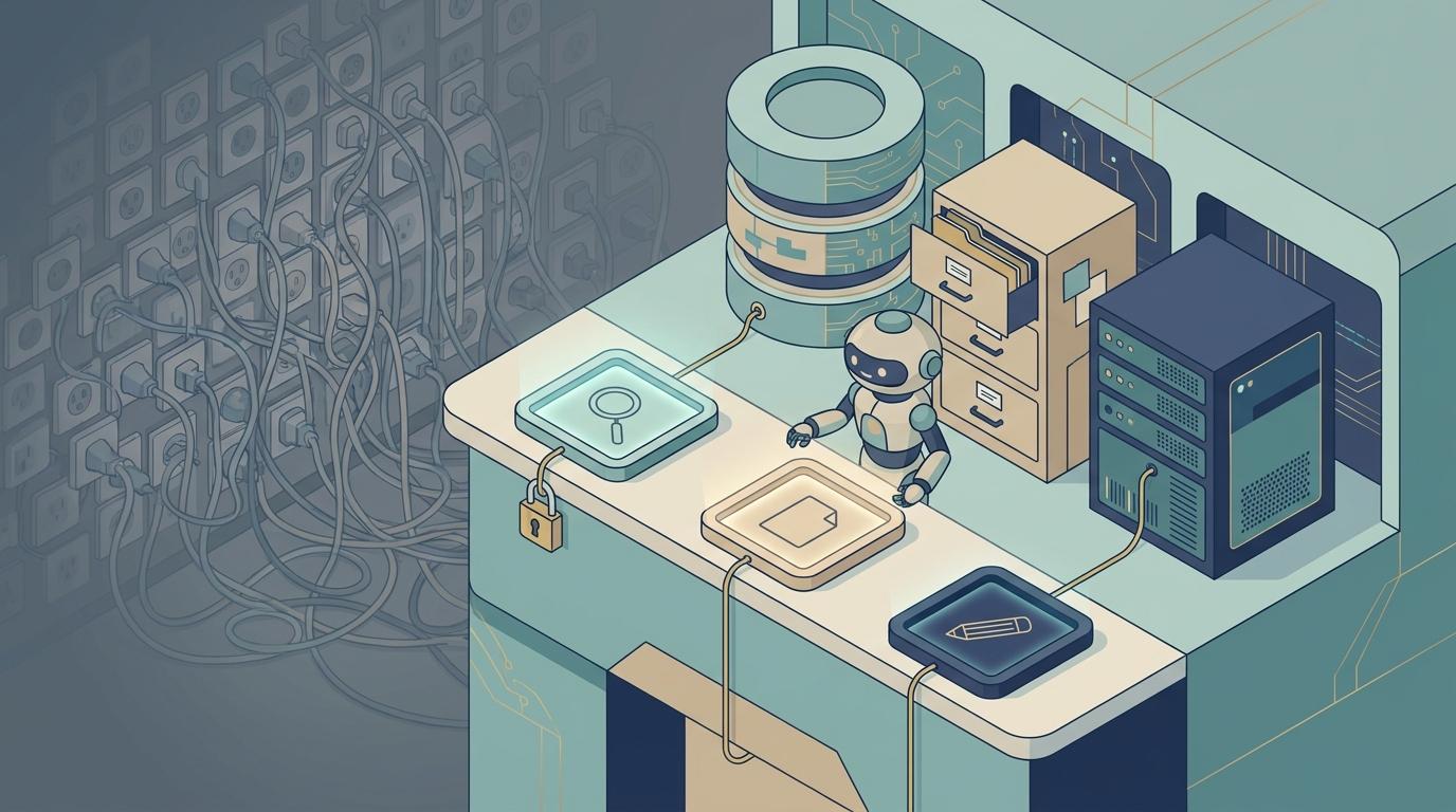 Abstrakt isometrisk illustration av en liten robot vid en disk med tre tydligt åtskilda, lysande verktygsluckor — ett förstoringsglas, ett dokument och en penna — som var och en är kopplad med en tråd till en databas, ett arkivskåp och en server bakom disken; en av luckorna har ett hänglås, och i bakgrunden tonar en vägg av likadana uttag och trassliga kablar bort.