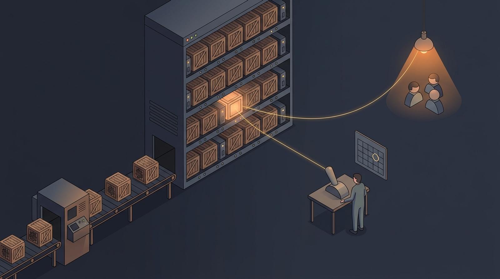 Abstrakt isometrisk illustration av ett löpande band som matar likadana trälådor in i ett högt serverrack där de står släckta på rad, medan en person i förgrunden står vid ett skrivbord med en stor spak; från spaken löper en gyllene tråd till en enda låda i racket som lyser orange, och vidare till en taklampa som lyser upp tre små användarfigurer, bredvid en väggkalender med en dag inringad.