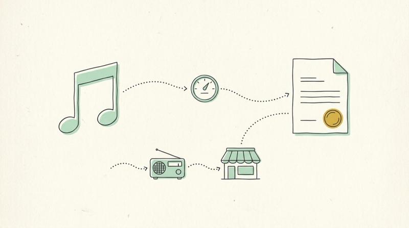 Line illustration: a musical note flowing via a gauge into an invoice with a yellow stamp, and a radio and a shop receiving the flow.