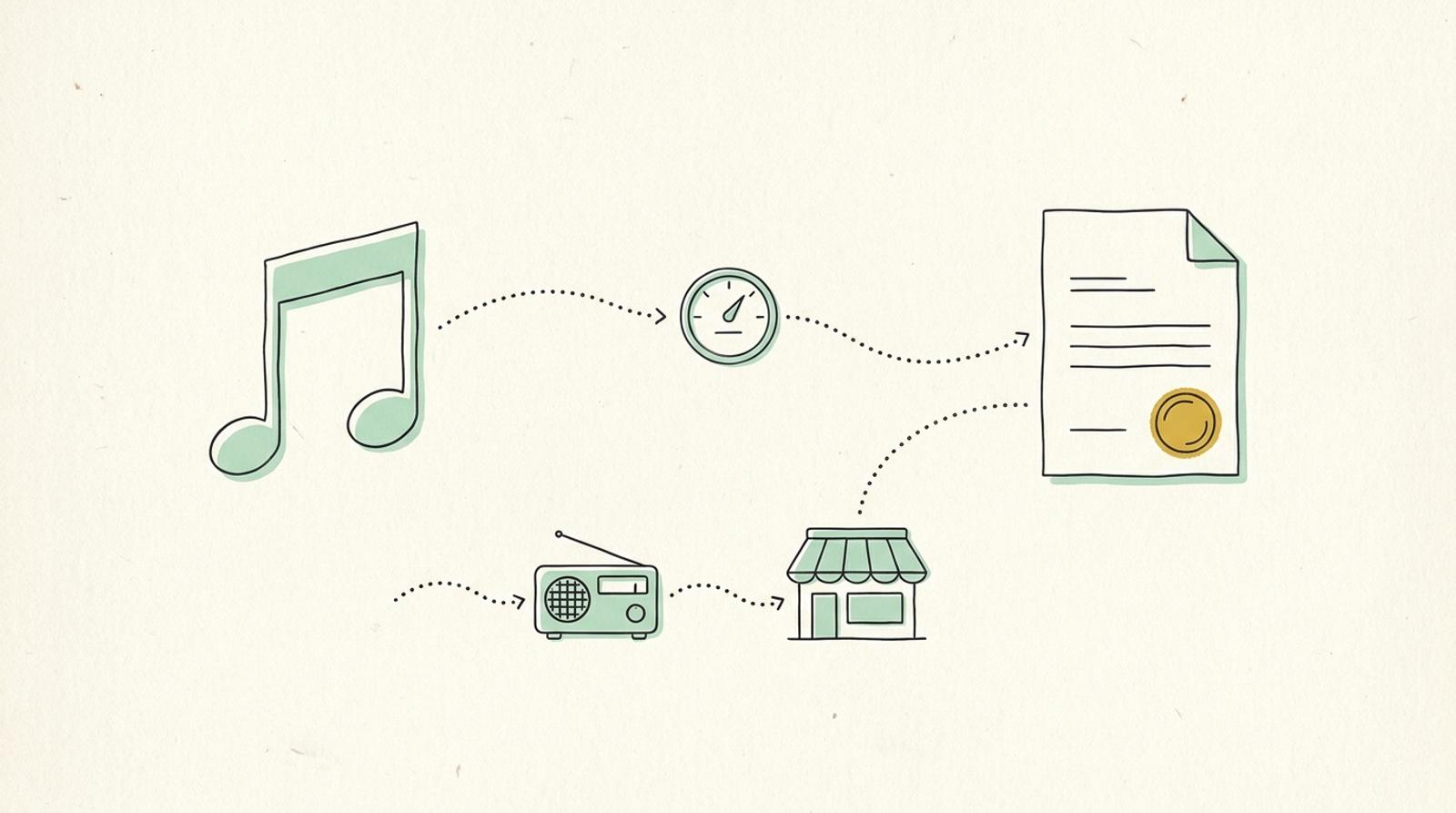 Linjeillustration: en musiknot som via en mätare flödar till ett fakturadokument med gul stämpel, och en radio och en butik som tar emot flödet.