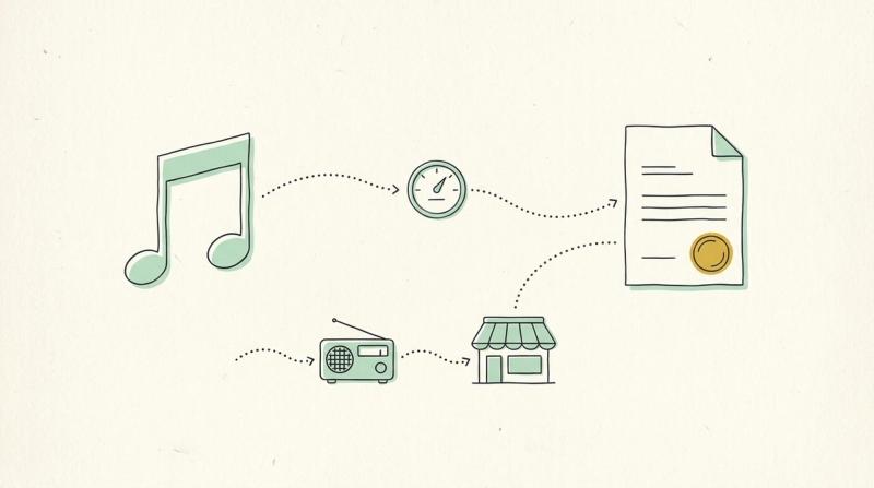 Line illustration: a musical note flowing via a gauge into an invoice with a yellow stamp, and a radio and a shop receiving the flow.