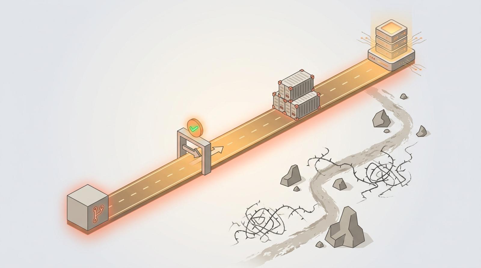 Abstrakt isometrisk illustration av en asfalterad gyllene väg från git-repo via CI/CD-grind och containrar till en upplyst produktionsserver, medan en stenig stig med taggiga snår slingrar sig bredvid och tonar bort.