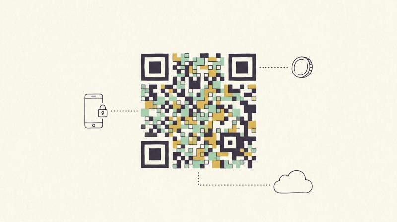 Linjeillustration: en stor QR-kod i grönt, gult och svart med streckade linjer till en mobil med hänglås, ett mynt och ett moln.
