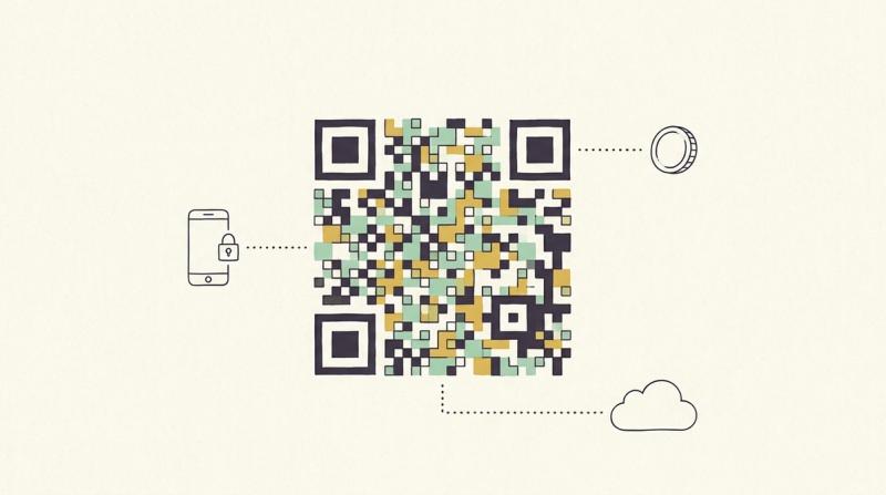Linjeillustration: en stor QR-kod i grönt, gult och svart med streckade linjer till en mobil med hänglås, ett mynt och ett moln.