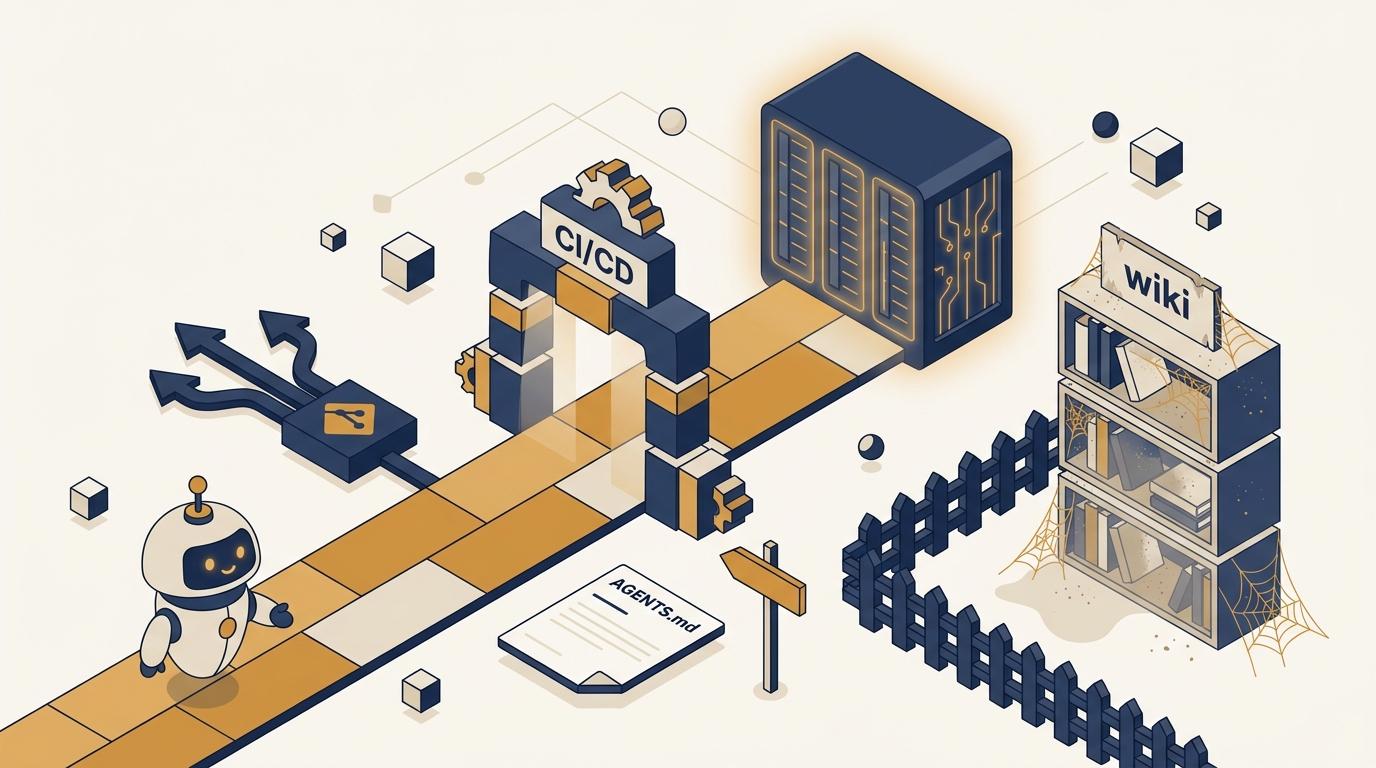 Abstrakt isometrisk illustration: en liten robot går längs en gyllene, asfalterad väg från en git-symbol genom en CI/CD-grind mot en upplyst server. På vägen ligger ett läsbart dokument märkt AGENTS.md bredvid en vägskylt, medan en dammig bokhylla märkt wiki står instängslad och spindelvävstäckt vid sidan av.