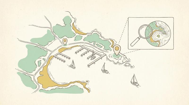 Line illustration: a coastal map from above with jetties, three sailing boats and two map pins, one pin opening a card with a magnifying glass over the coast.
