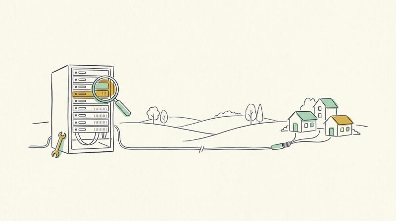 Linjeillustration: ett serverrack med skiftnyckel och förstoringsglas, och en fiberlinje över ett landskap till tre små hus.