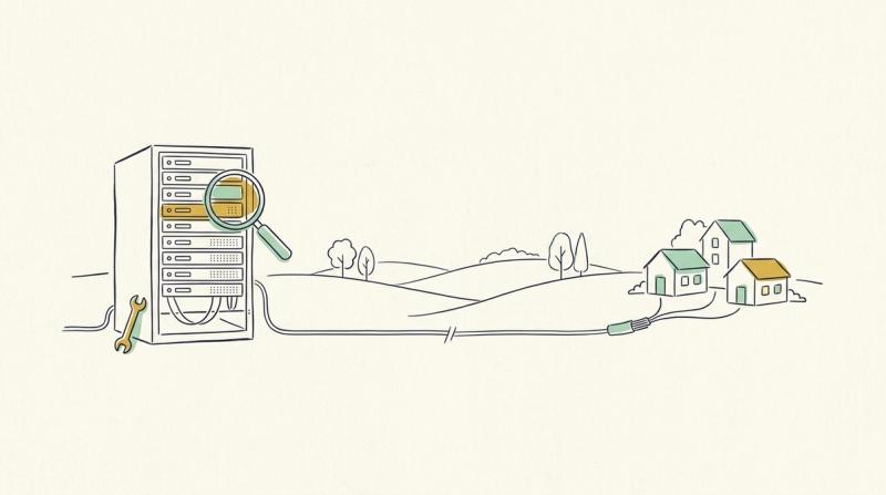 Linjeillustration: ett serverrack med skiftnyckel och förstoringsglas, och en fiberlinje över ett landskap till tre små hus.