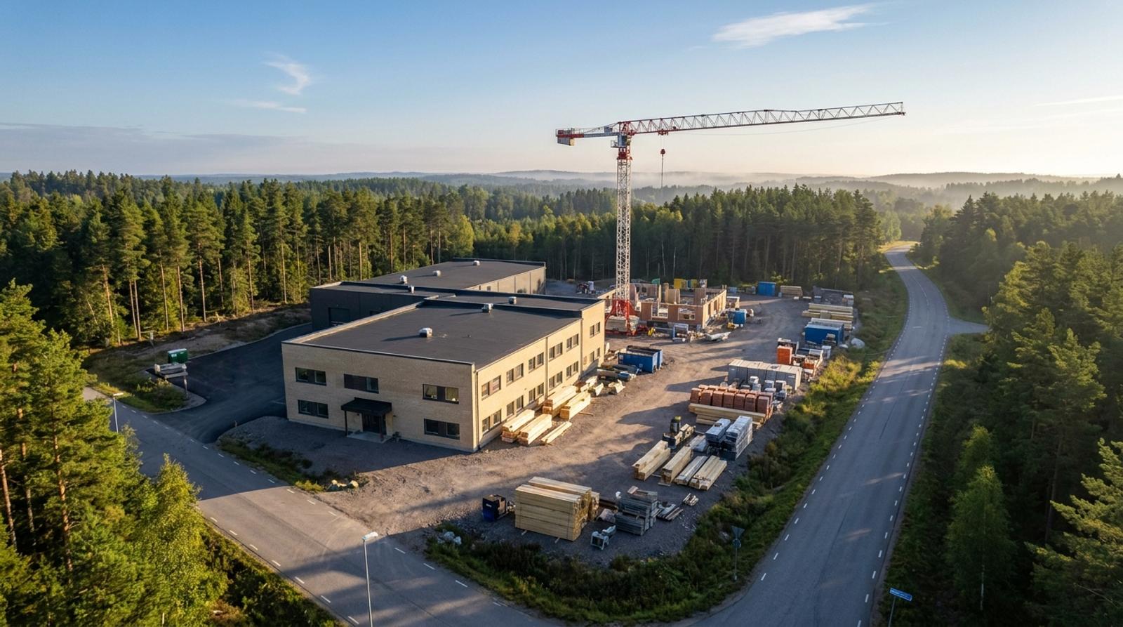 Flygbild av en kontorsbyggnad och intilliggande byggarbetsplats med tornkran, omgiven av tallskog i morgonljus