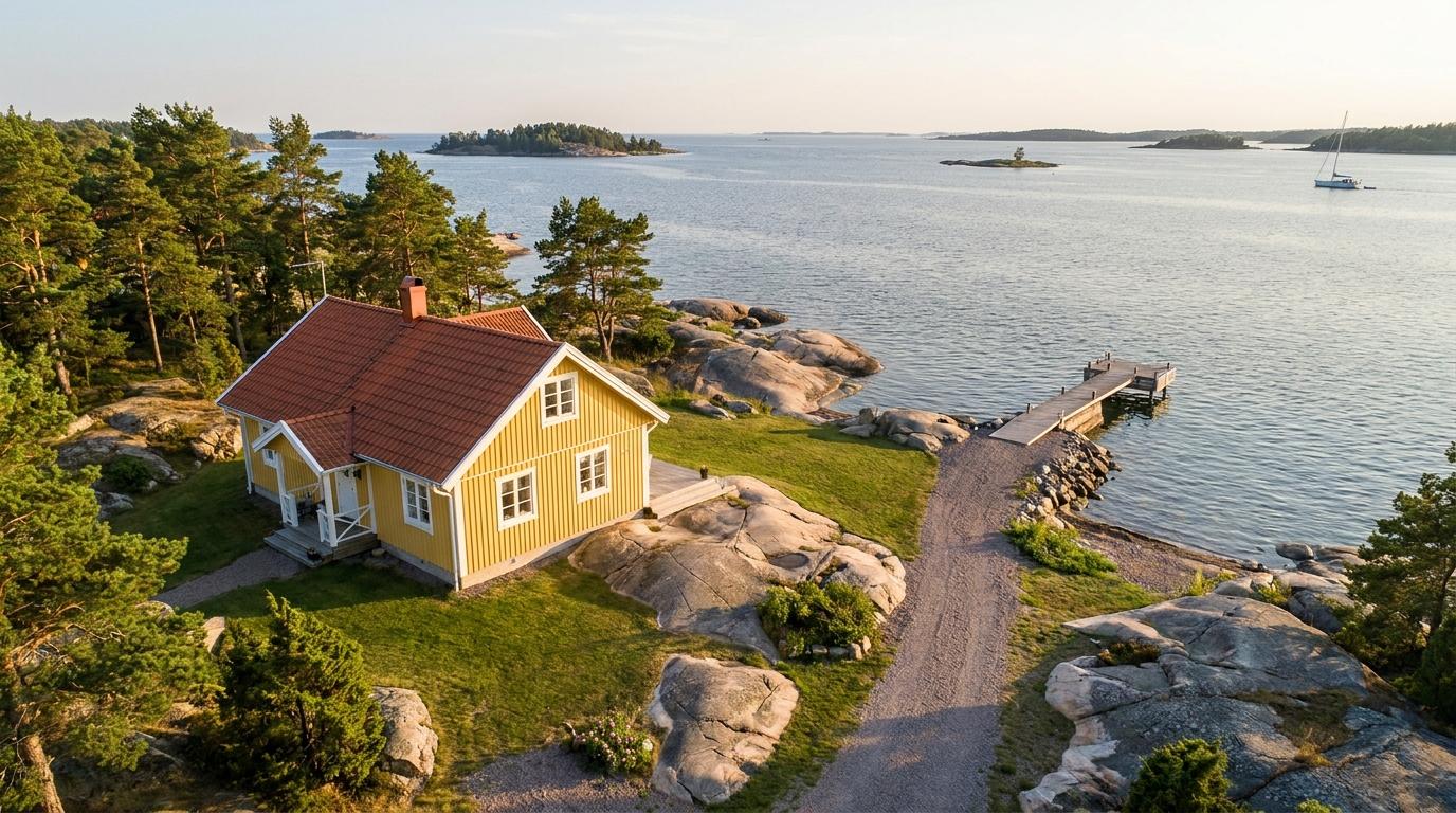 Flygbild i kvällsljus av ett gult trähus med rött tegeltak på en skärgårdstomt med klipphällar och tallar, en grusgång ner till en träbrygga och öppet vatten med små öar