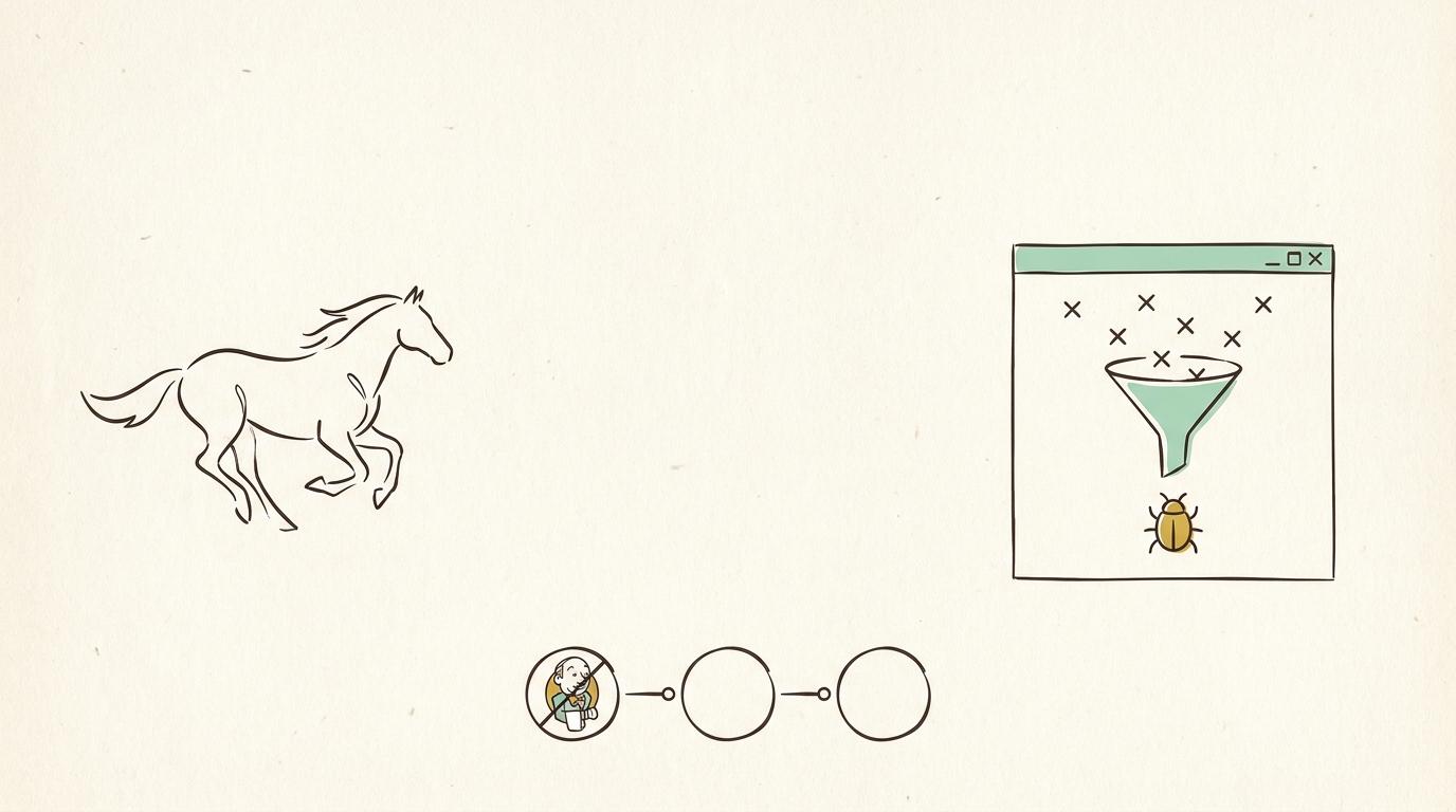 Linjeillustration: en springande häst, ett spelfönster där kryss samlas i en tratt till en enda bugg, och en pipeline av tre cirklar nedtill.