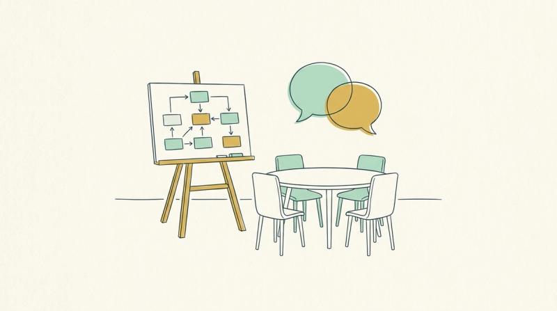 Linjeillustration: en whiteboard på staffli med ett systemdiagram, ett runt bord med tomma stolar och två pratbubblor i grönt och gult.