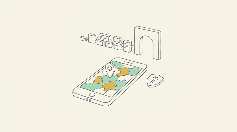 Linjeillustration: en mobil med kartnål över ett lapptäcke av kommunformer, mikrotjänstlådor mot en gateway-båge i bakgrunden och en sköld med nyckel.
