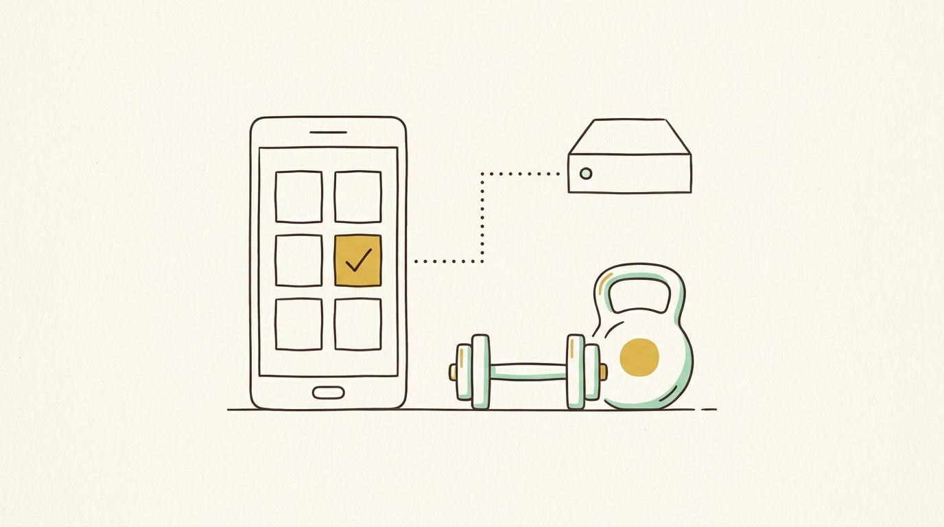 Linjeillustration: en mobil med en kalender där en tid är bockad, en hantel och en kettlebell, och en streckad linje till en server.