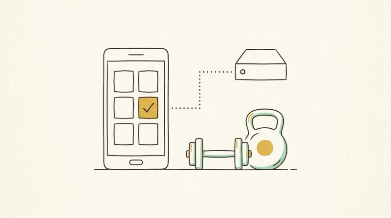 Linjeillustration: en mobil med en kalender där en tid är bockad, en hantel och en kettlebell, och en streckad linje till en server.