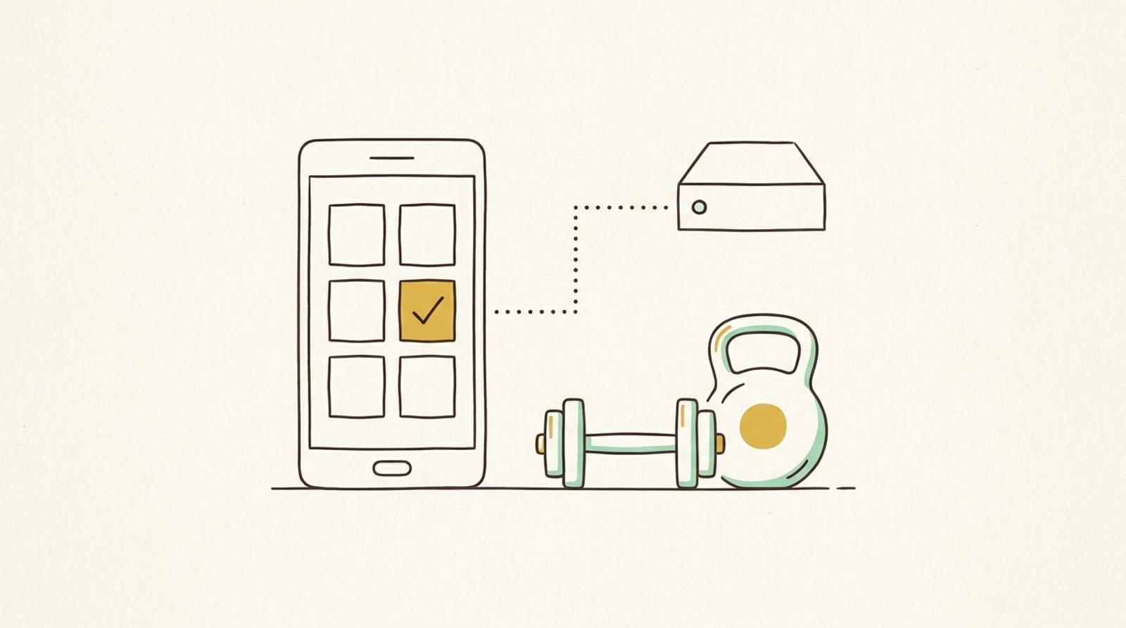 Linjeillustration: en mobil med en kalender där en tid är bockad, en hantel och en kettlebell, och en streckad linje till en server.