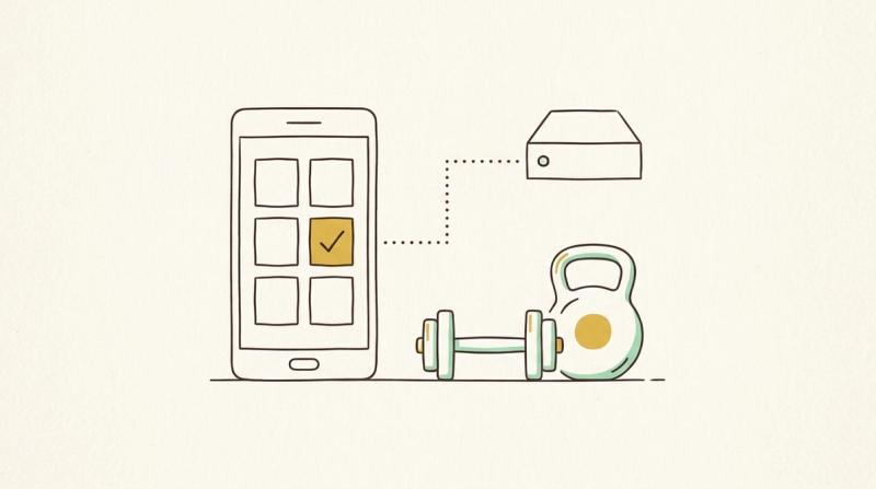 Linjeillustration: en mobil med en kalender där en tid är bockad, en hantel och en kettlebell, och en streckad linje till en server.