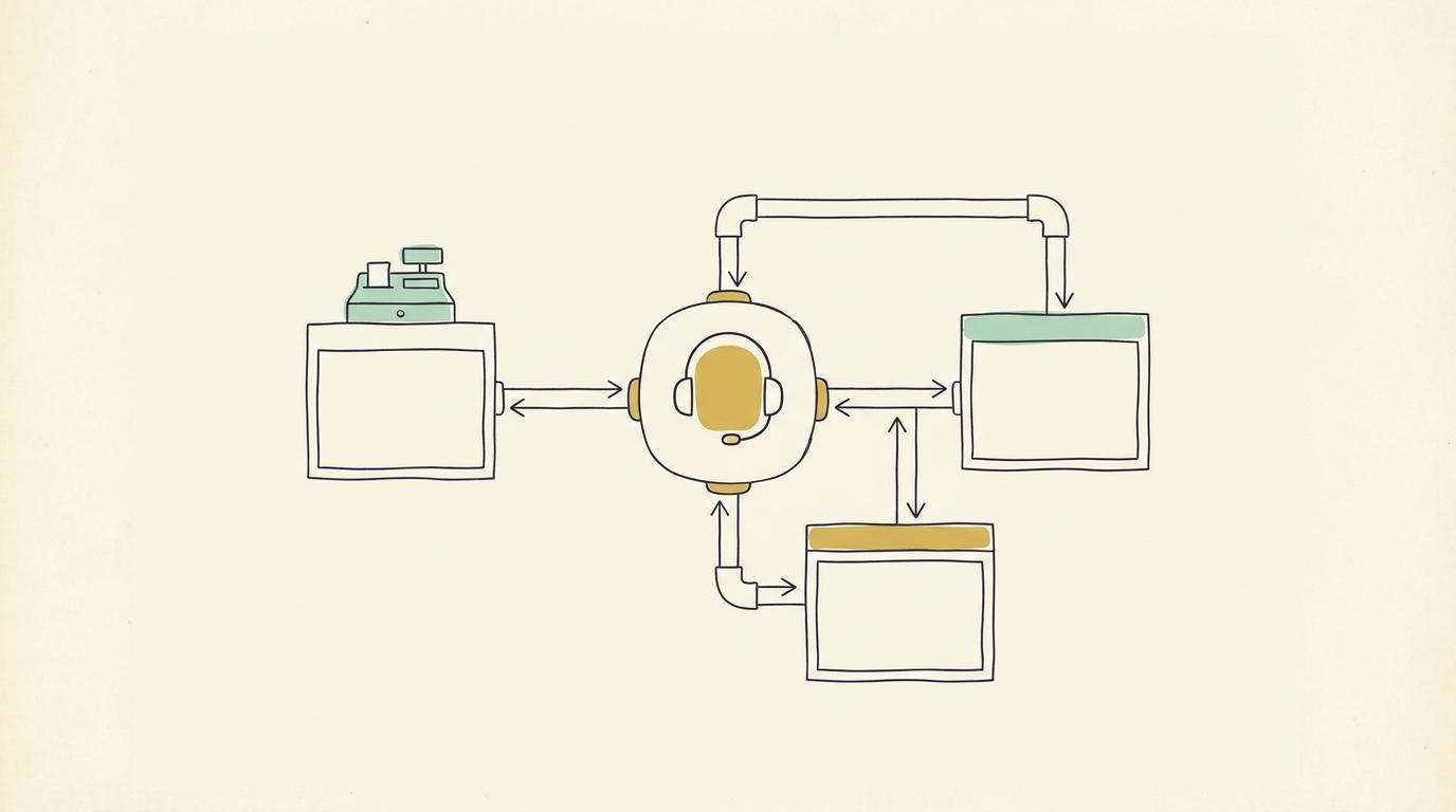 Linjeillustration: ett nav med ett headset i mitten, kopplat med rör till tre systemlådor och en butikskassa, med pilar åt båda hållen.