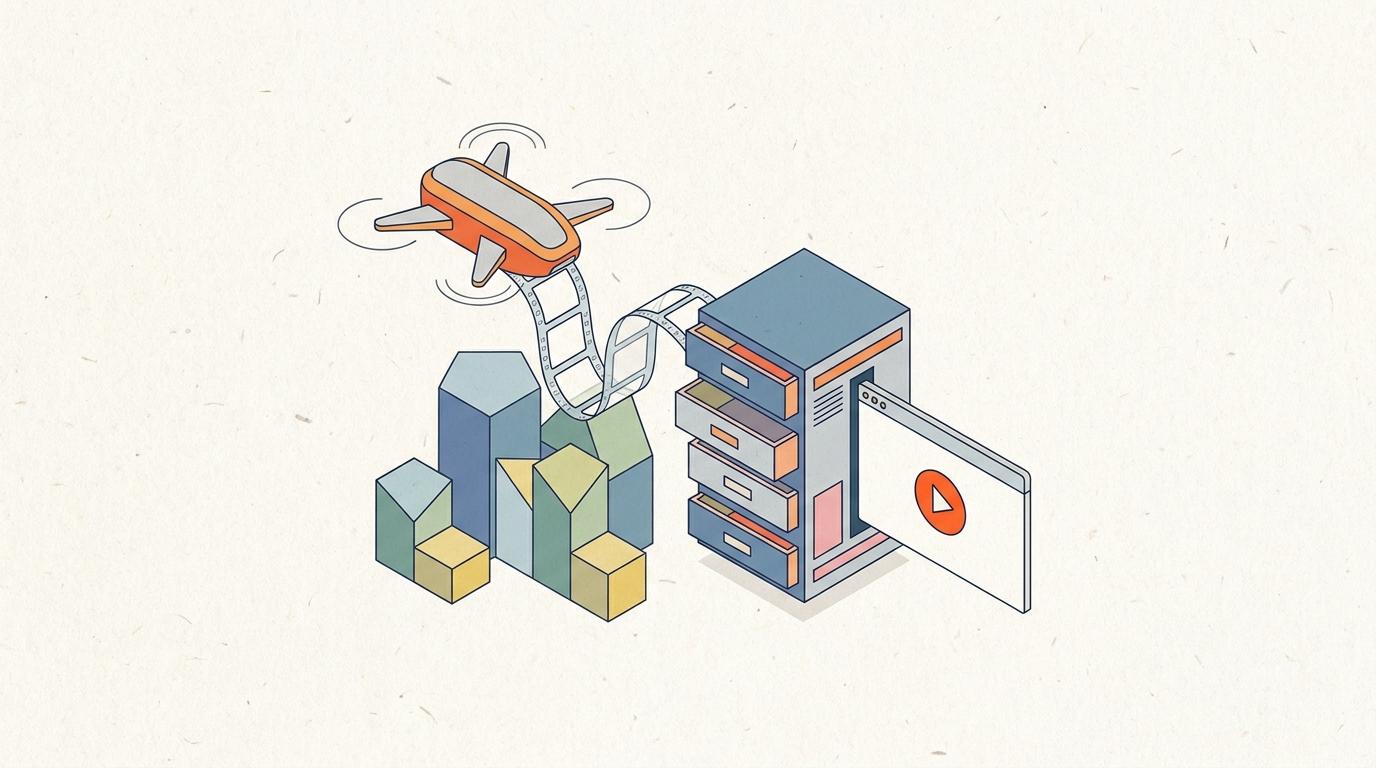 Abstrakt isometrisk illustration av en orange drönare som svävar över ett miniatyrlandskap av block; en filmremsa löper från drönaren in i ett arkivskåp med öppna lådor, och bredvid skåpet visar en webbsidepanel en uppspelningsknapp.