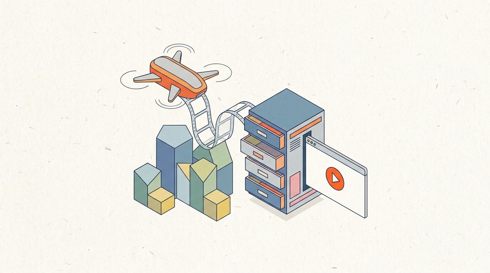 Abstrakt isometrisk illustration av en orange drönare som svävar över ett miniatyrlandskap av block; en filmremsa löper från drönaren in i ett arkivskåp med öppna lådor, och bredvid skåpet visar en webbsidepanel en uppspelningsknapp.