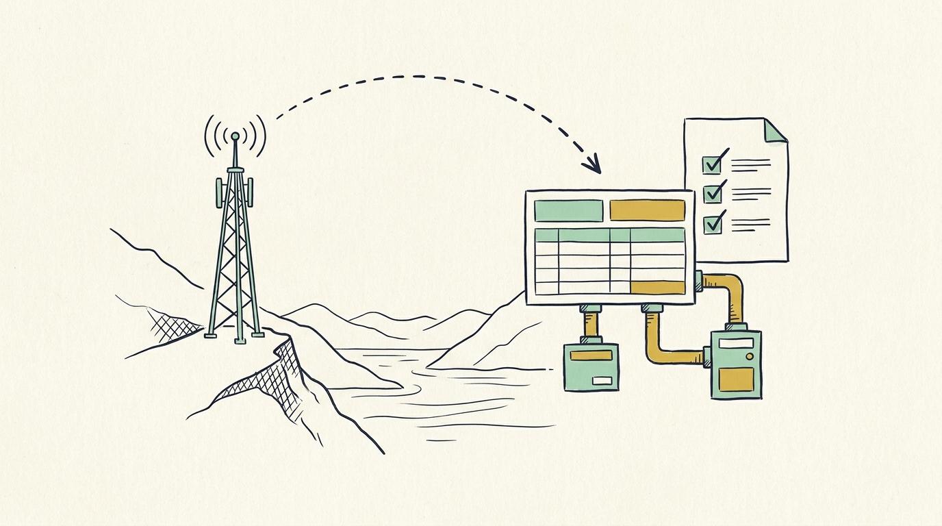 Linjeillustration: en radiomast på en bergsrygg ovanför en fjord, en signalbåge till ett kundkort kopplat till två systemlådor och en checklista.