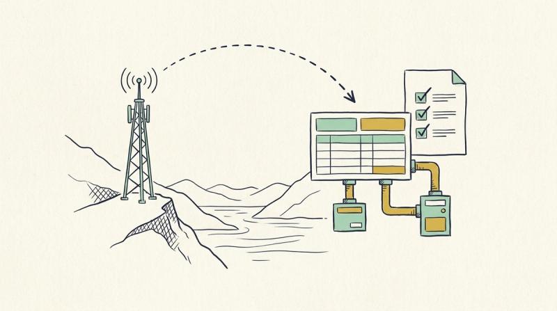 Linjeillustration: en radiomast på en bergsrygg ovanför en fjord, en signalbåge till ett kundkort kopplat till två systemlådor och en checklista.
