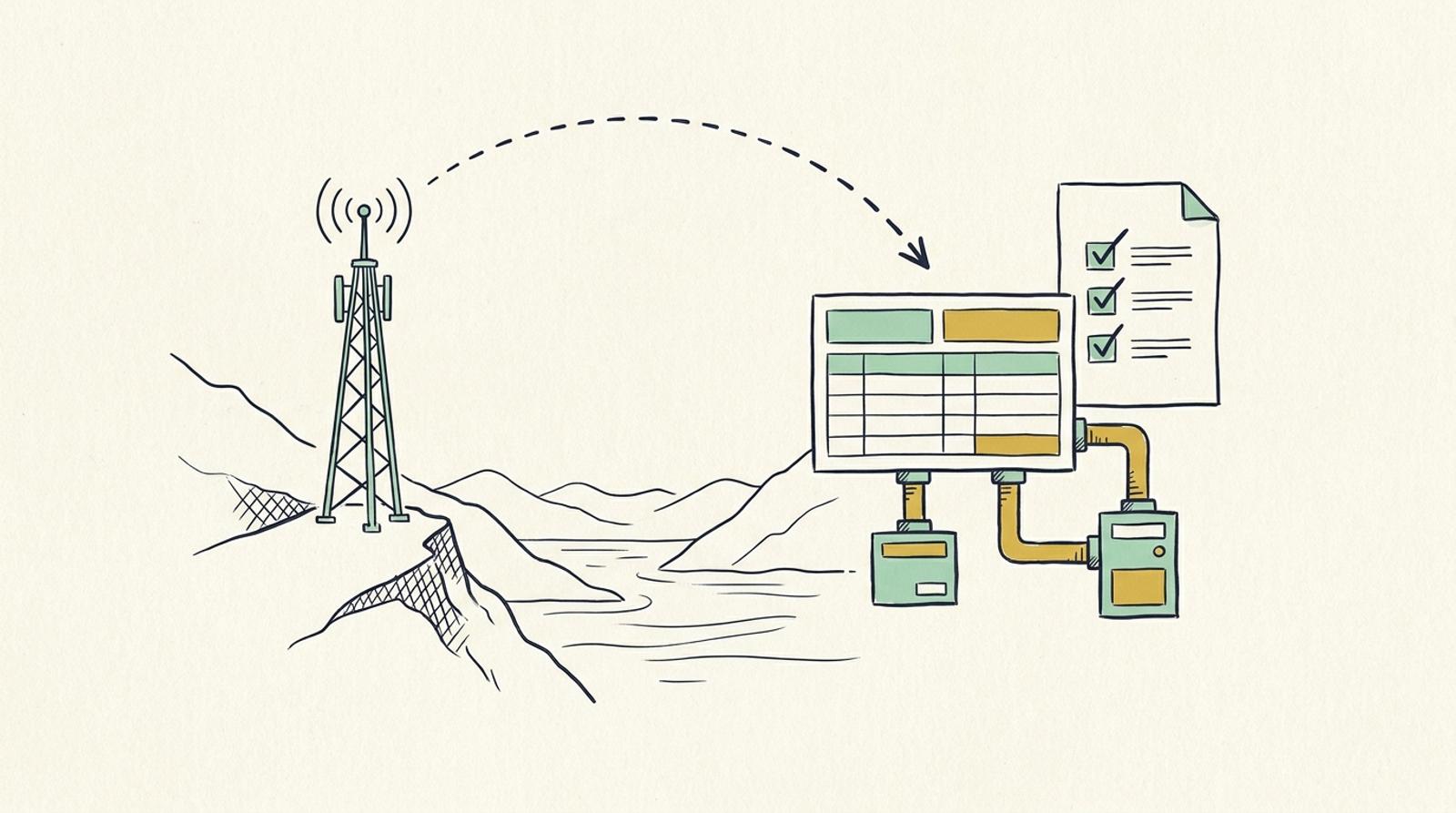 Linjeillustration: en radiomast på en bergsrygg ovanför en fjord, en signalbåge till ett kundkort kopplat till två systemlådor och en checklista.