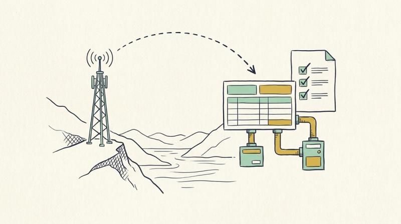 Linjeillustration: en radiomast på en bergsrygg ovanför en fjord, en signalbåge till ett kundkort kopplat till två systemlådor och en checklista.