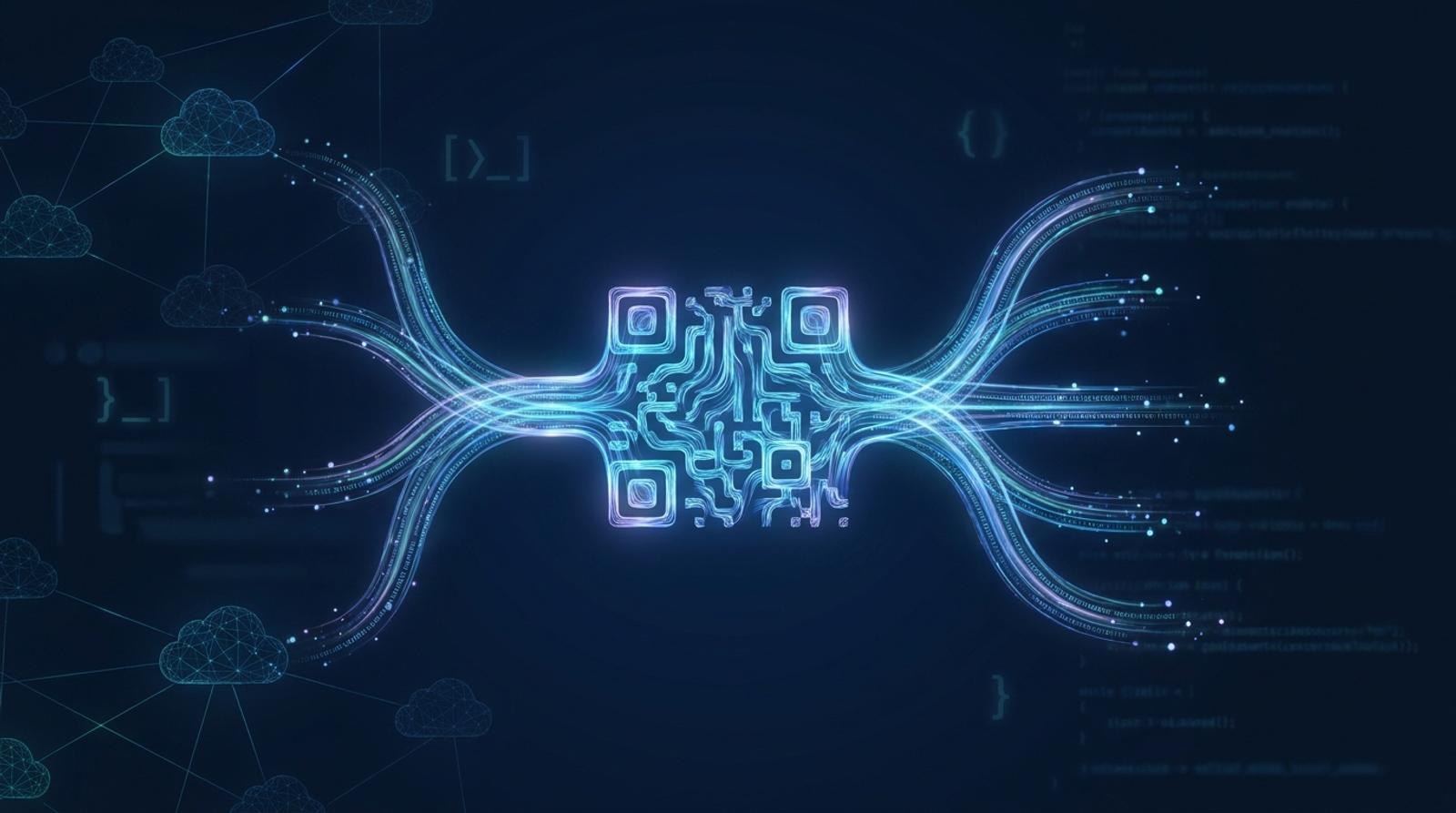 Stiliserad lysande QR-kod som övergår i förgrenade dataströmmar mot olika destinationer, i blå och teal toner.