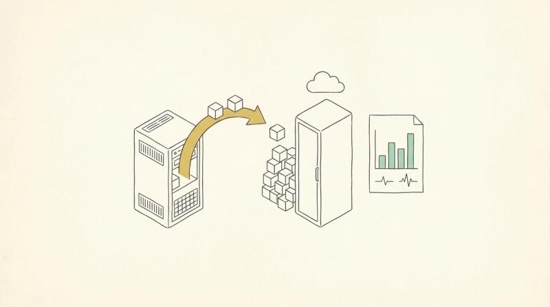 Linjeillustration: kuber lyfts med en bred pil från ett gammalt serverskåp till ett nytt under ett moln, bredvid en rapport med stapeldiagram och hjärtkurva.