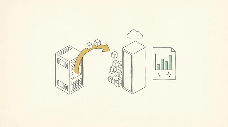 Linjeillustration: kuber lyfts med en bred pil från ett gammalt serverskåp till ett nytt under ett moln, bredvid en rapport med stapeldiagram och hjärtkurva.