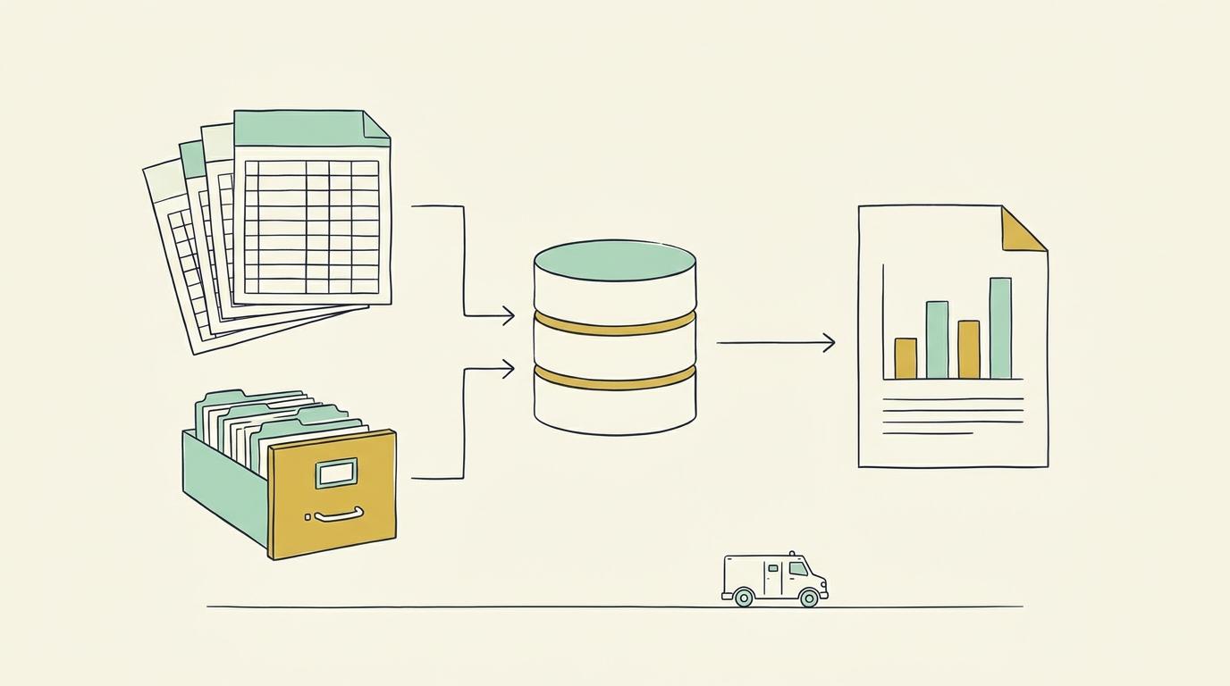 Linjeillustration: kalkylbladssidor och en arkivlåda som flödar in i en databascylinder, och ut kommer en rapport med stapeldiagram; en liten värdetransportbil nedtill.