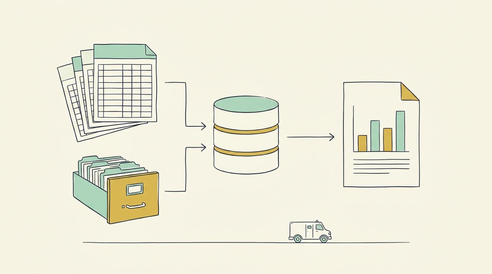 Linjeillustration: kalkylbladssidor och en arkivlåda som flödar in i en databascylinder, och ut kommer en rapport med stapeldiagram; en liten värdetransportbil nedtill.
