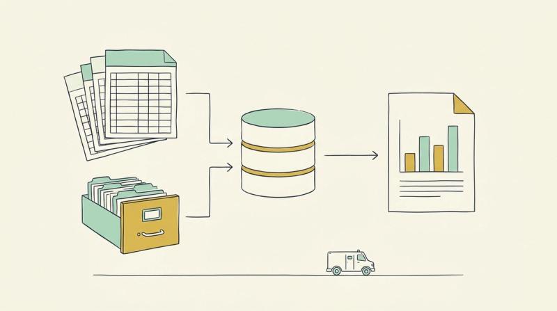 Linjeillustration: kalkylbladssidor och en arkivlåda som flödar in i en databascylinder, och ut kommer en rapport med stapeldiagram; en liten värdetransportbil nedtill.