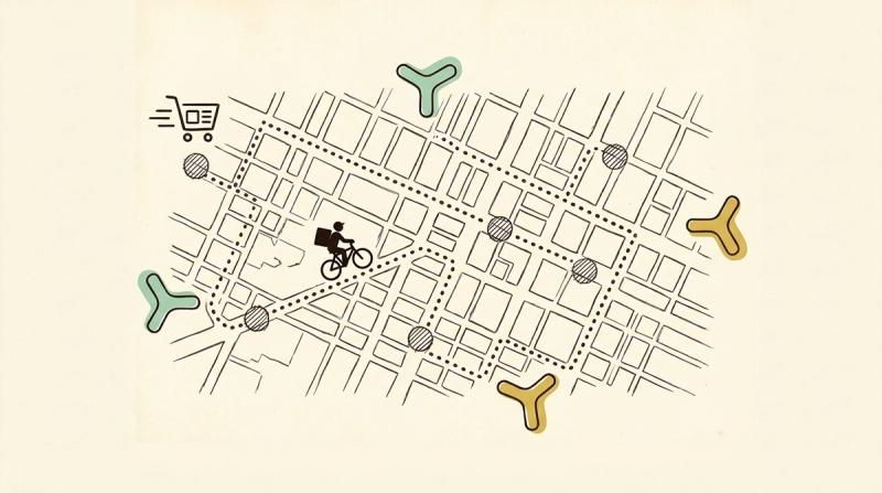 Linjeillustration: ett cykelbud med paket längs en streckad rutt över ett kvartersrutnät, med en varukorg vid starten och kontaktdon längs vägen.