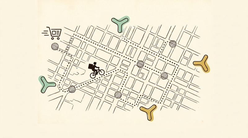 Linjeillustration: ett cykelbud med paket längs en streckad rutt över ett kvartersrutnät, med en varukorg vid starten och kontaktdon längs vägen.