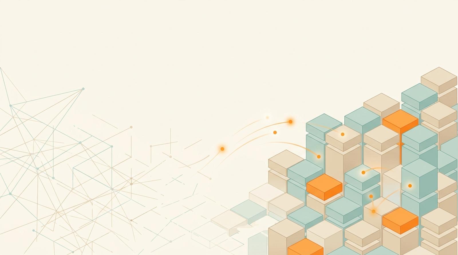 Abstrakt illustration som visar en övergång från ett tunt, fadande nätverk till vänster mot ett tätare modulärt rutmönster av plattformsblock till höger, sammanbundna av små ljusa punkter.