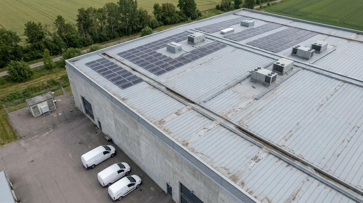 Drönarbild ovanifrån av ett industritak med solpaneler och ventilationsaggregat, fotograferat utan lift eller ställning