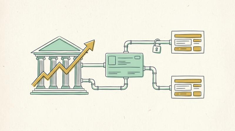 Linjeillustration: en byggnad med kolonner och en stigande kurva, kopplad med rör till ett kundkort och två systemlådor, med ett hänglås på ett rör.