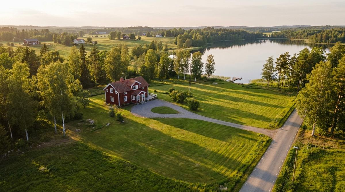 Flygbild i kvällsljus av en röd villa med vita knåtar på en stor grästomt, grusad infart och björkar, med en sjö och en liten brygga bortom träden