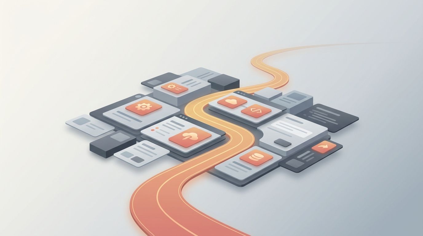 Abstrakt illustration av modulära byggblock och en gyllene väg — en intern plattform formgiven som en produkt.