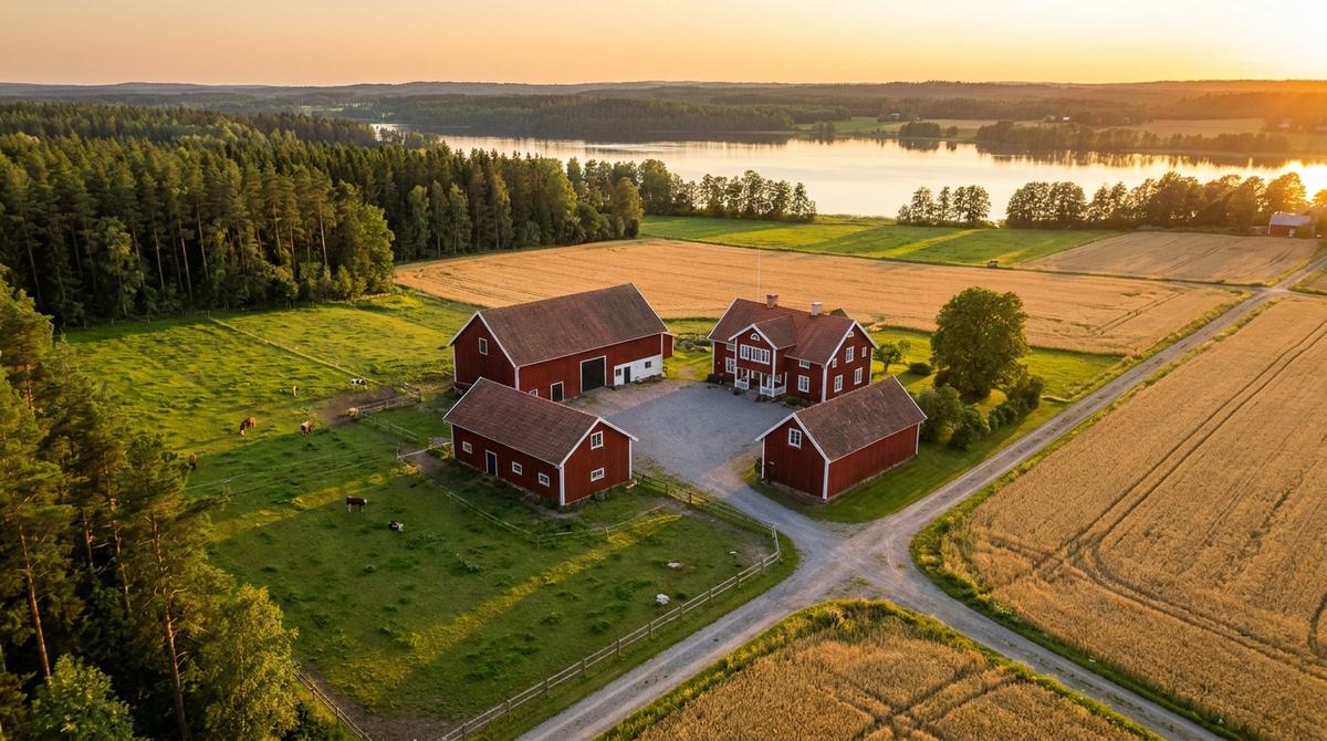 Flygbild i kvällsljus av en gård med rött boningshus, ladugård och uthus kring en grusplan, omgiven av beteshagar och sädesfält, med skog och en sjö i bakgrunden