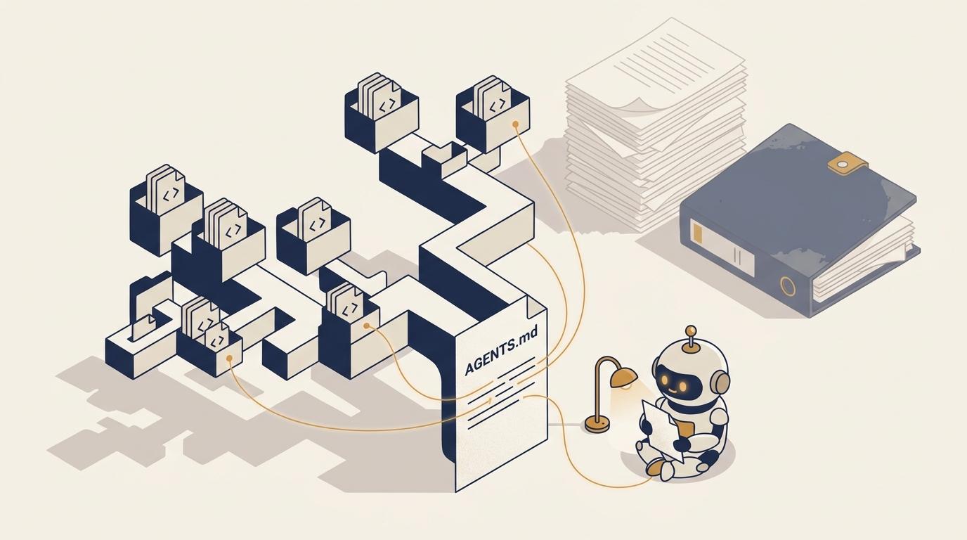 Abstrakt isometrisk illustration: ett upprätt ark märkt AGENTS.md står vid roten av ett träd av kodfiler, med tunna gyllene trådar från rader på arket till enskilda filer. En liten robot läser arket i skenet av en läslampa, medan en tjock pappersbunt och en dammig pärm ligger undanskjutna i bakgrunden.