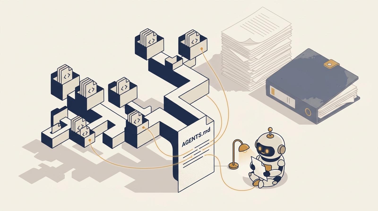 Abstrakt isometrisk illustration: ett upprätt ark märkt AGENTS.md står vid roten av ett träd av kodfiler, med tunna gyllene trådar från rader på arket till enskilda filer. En liten robot läser arket i skenet av en läslampa, medan en tjock pappersbunt och en dammig pärm ligger undanskjutna i bakgrunden.