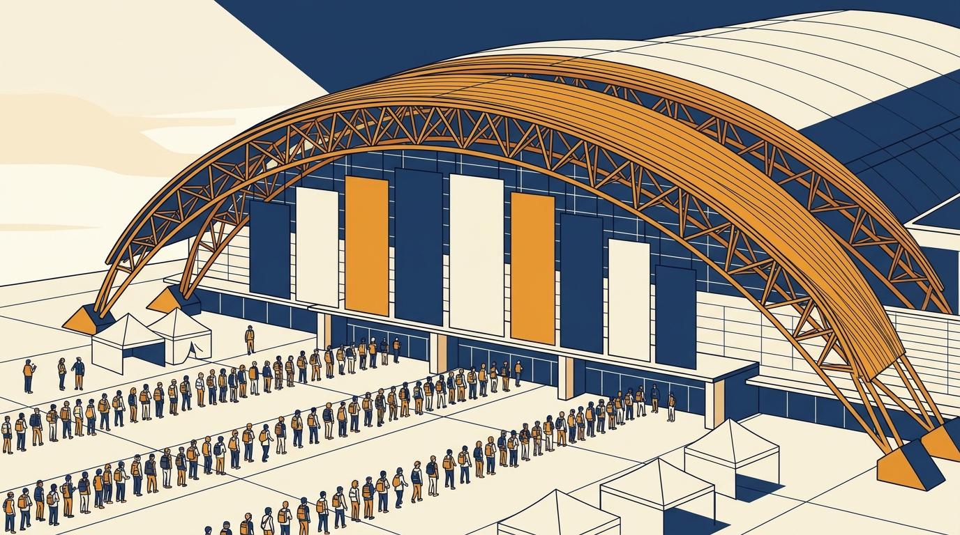 Abstrakt isometrisk illustration av Makuhari Messes entré med ett välvt orange takfackverk, banderoller utan text och långa köer av besökare på torget framför.