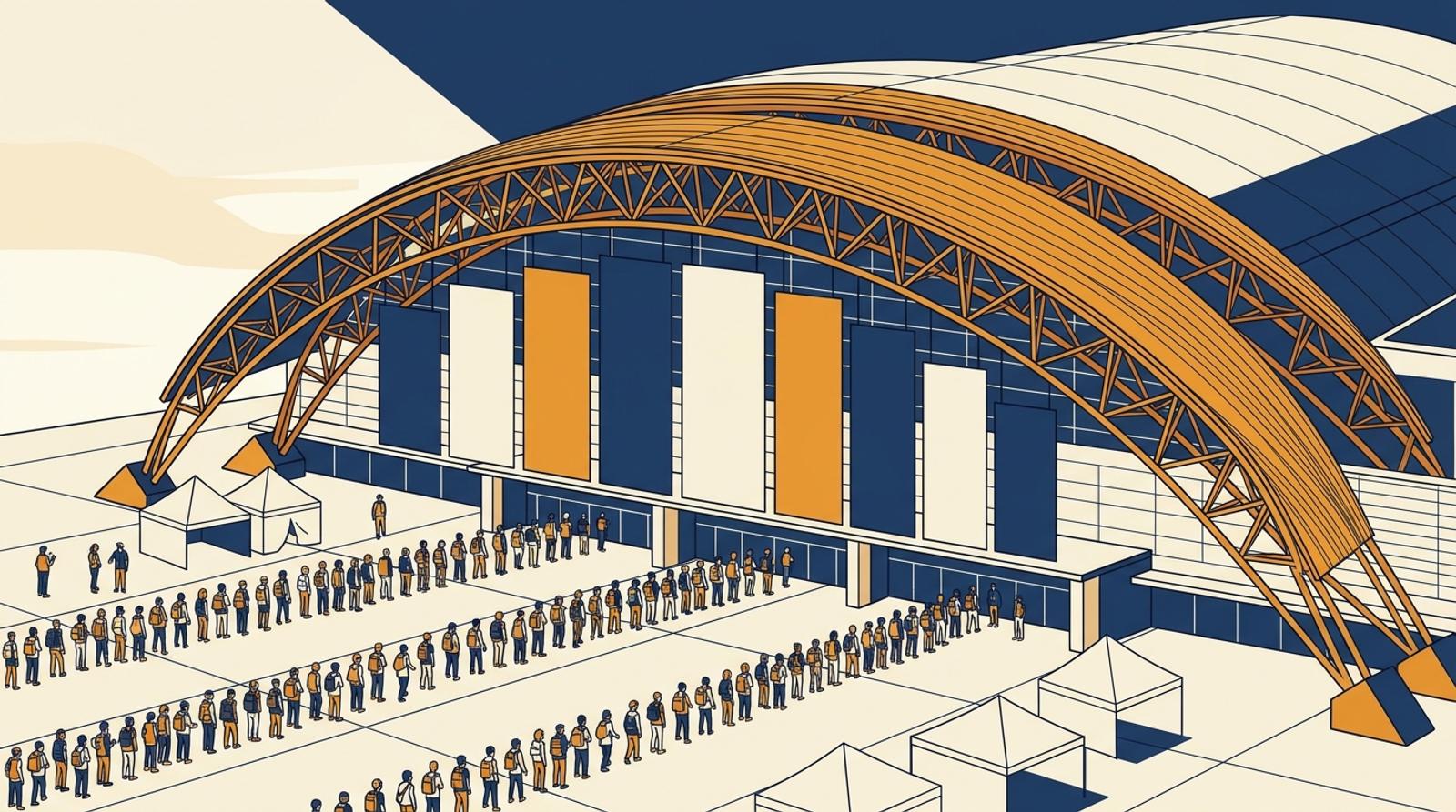Abstrakt isometrisk illustration av Makuhari Messes entré med ett välvt orange takfackverk, banderoller utan text och långa köer av besökare på torget framför.